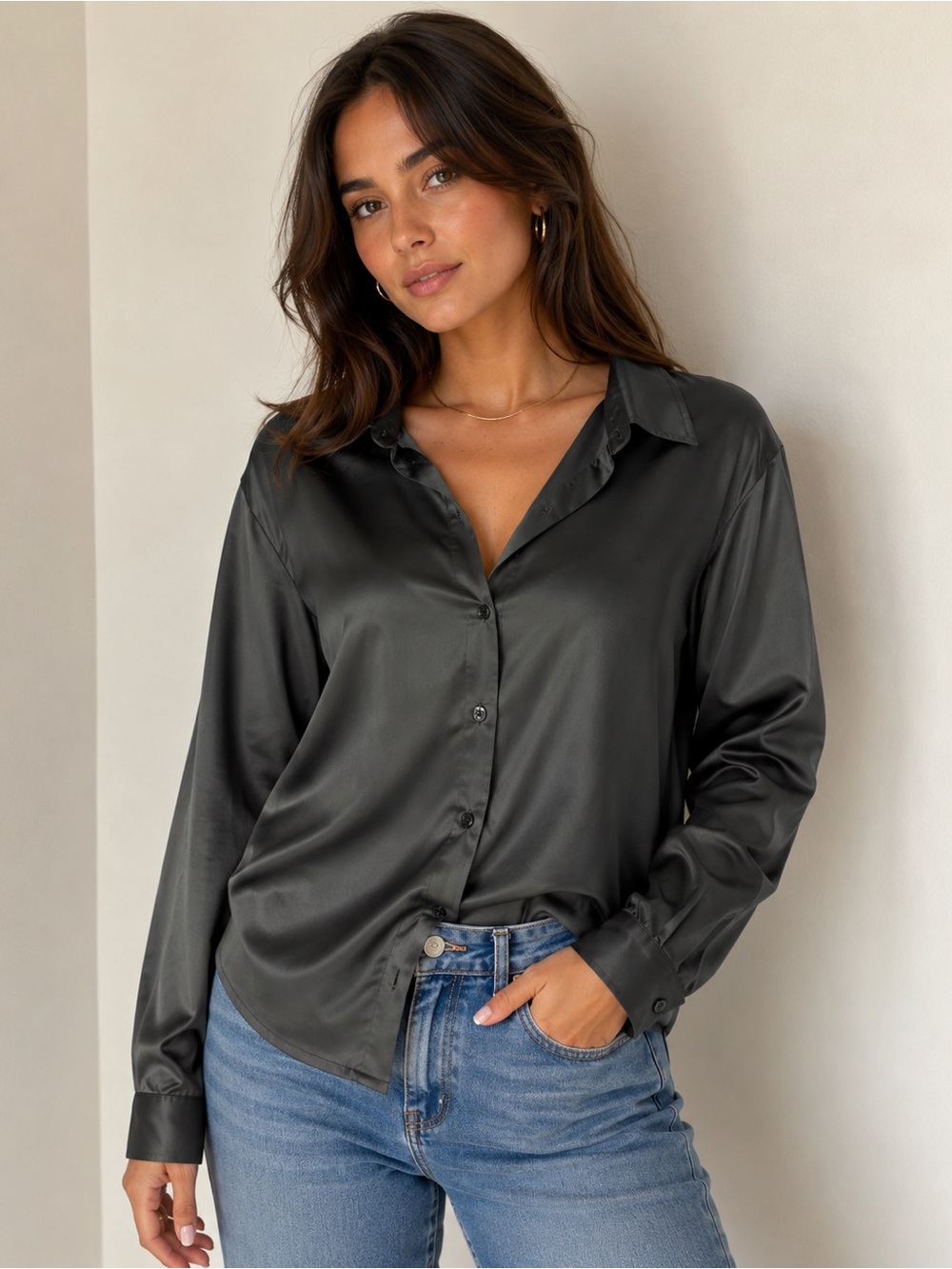 Relaxed Satin Button-Down Shirt in Black and Bra set